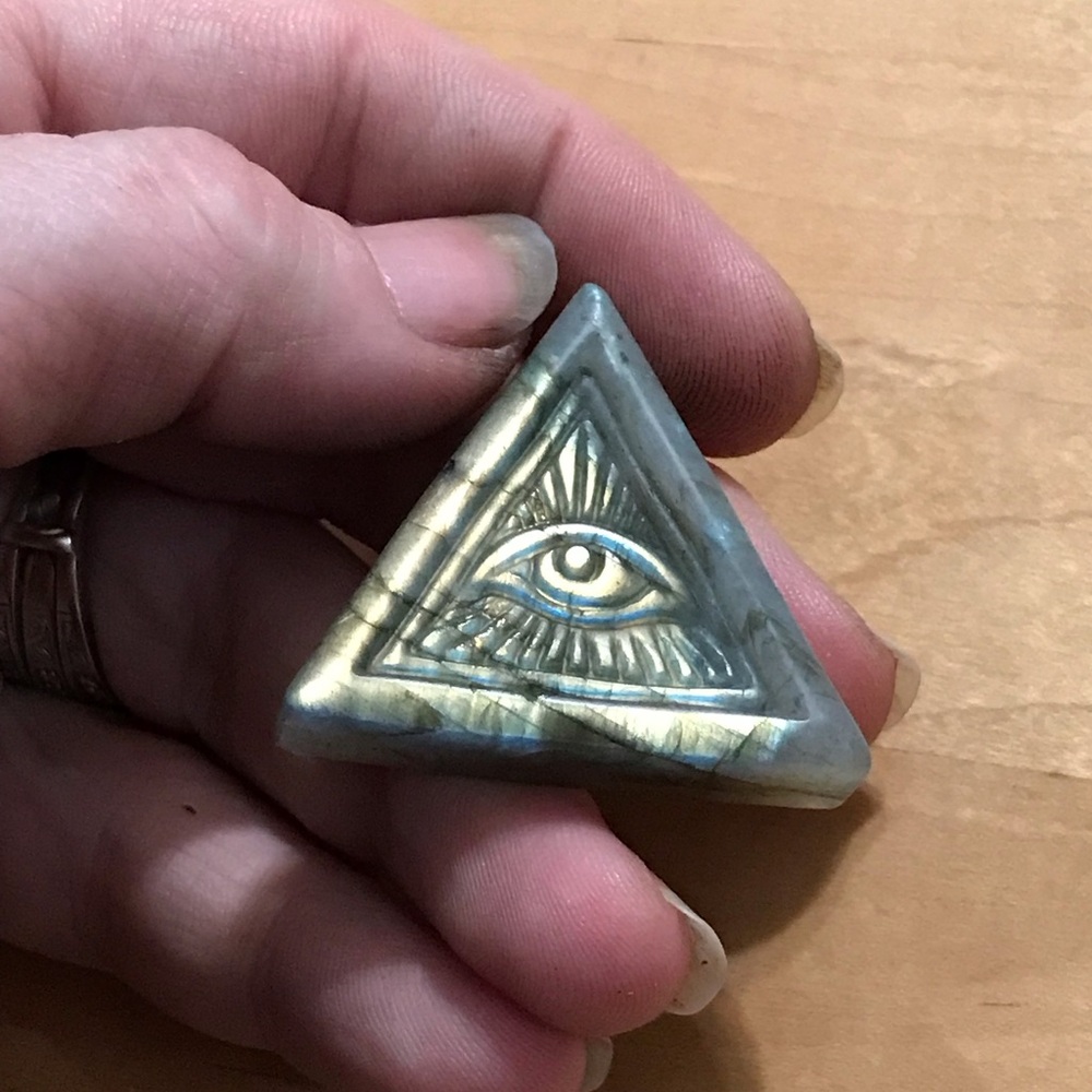 Beautiful Triangle Labradorite with Evil Eye Design - CABACHON - Not a pendant!!